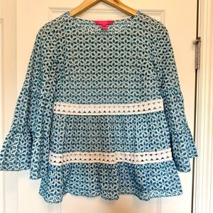 Lilly Pulitzer Blue and White Ruffled Bell Sleeve Blouse